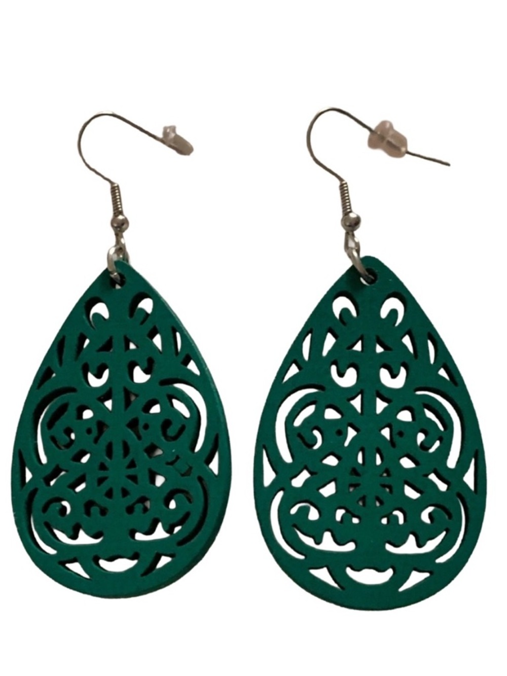 Women Dangle Boho Teardrop Teal Blue Green Wood Cutout Silver Fish Hook Earrings
